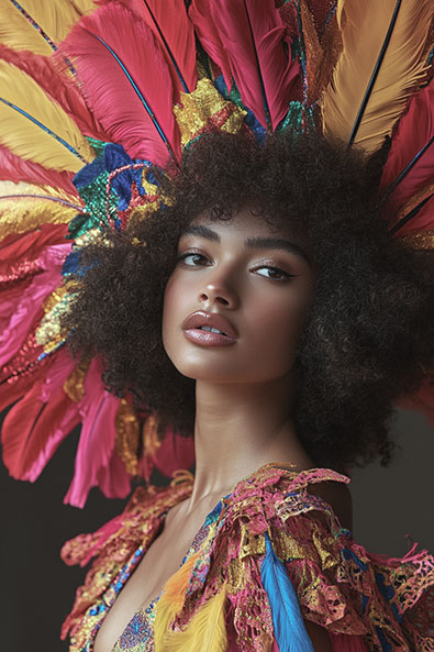 Before Brazilian model in wearing a carnival dress posing in a studio