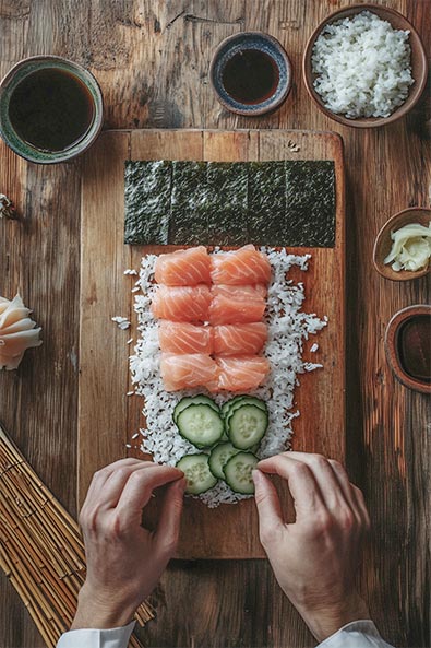 Before view of a chef’s hands meticulously crafting sushi on a rustic wooden board