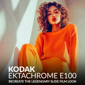 cover image Kodak Ektachrome E100 presets for Lightroom showing a potrait of a younf woman dresses in a orange jumper and trouser, preset applied.