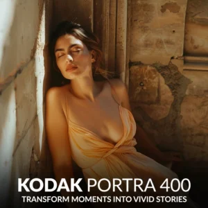 Cover image Kodak Portra 400 Lightroom presets, showing a woman in an orange dress leans against a stone wall with eyes closed.