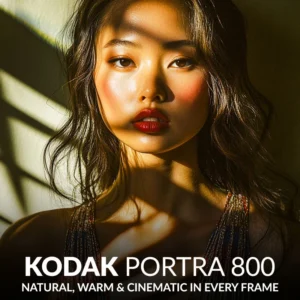 cover image Kodak Portra 800 presets for Lightroom showing a headshot of a woman with preset applied.