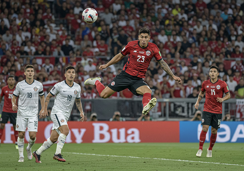 Before soccer player in mid-air kicking the ball towards the goal