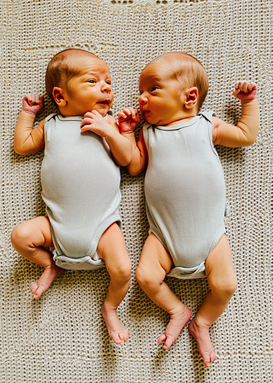 After Twin newborn infants, two weeks old, lie side by side