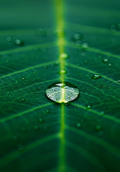 Kodachrome 25 example image - macro photo of a single raindrop on a leaf