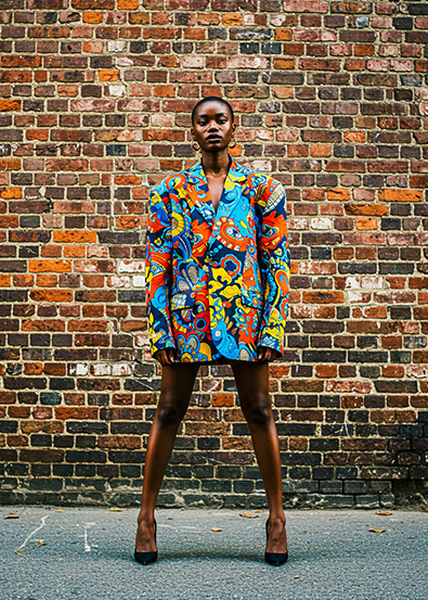 After fashion model posing in front of a weathered brick wall,
