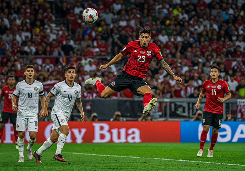 Kodachrome 25 example image - soccer player in mid-air kicking the ball towards the goal