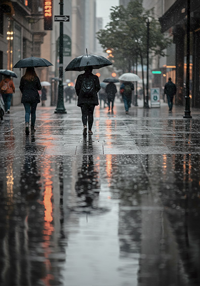 Before rainy day in the city, with people walking with umbrellas