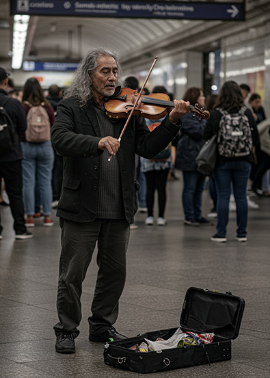 Before street performer playing the violin in a crowded metro station