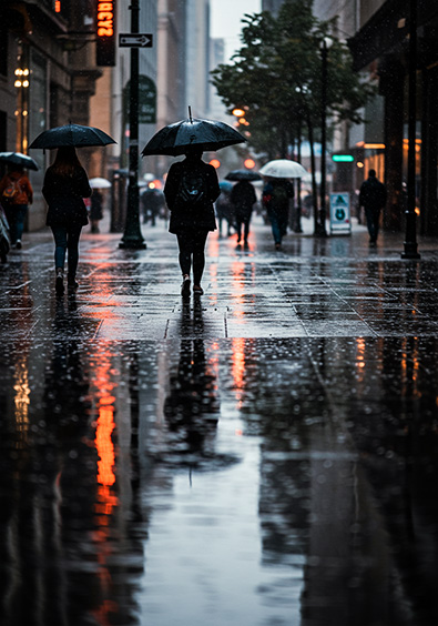 Kodachrome 25 example image - rainy day in the city, with people walking with umbrellas