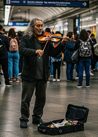After street performer playing the violin in a crowded metro station