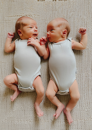 Before Twin newborn infants, two weeks old, lie side by side