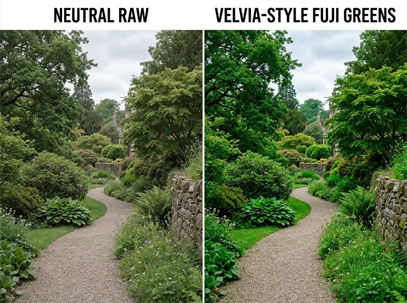 Before and after comparison showing Fuji film green color rendering in Lightroom