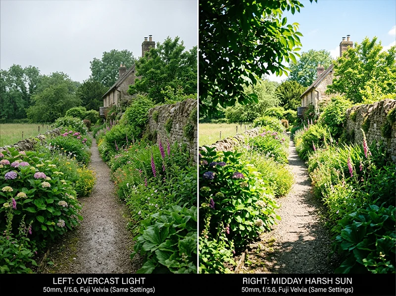 Fuji film greens comparison in overcast light versus midday direct sun in Lightroom