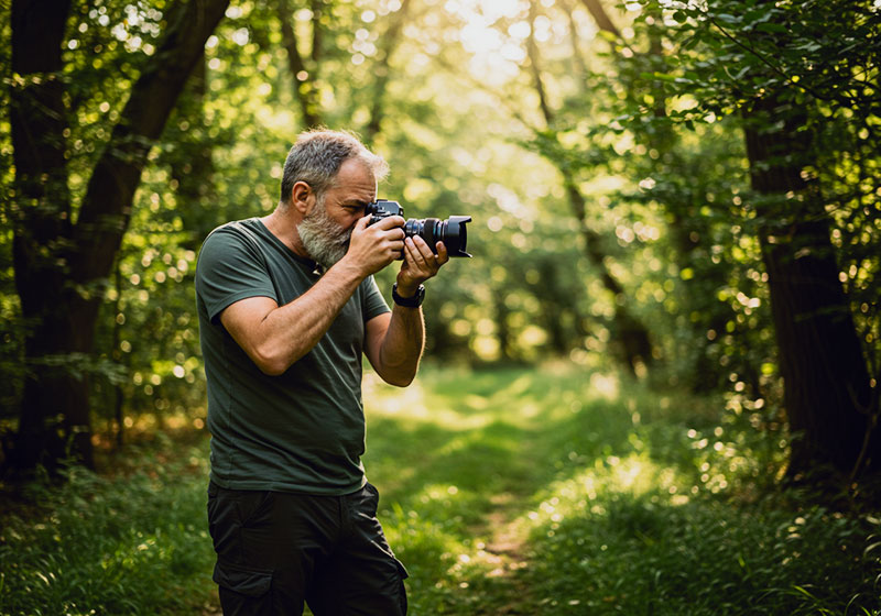 Photographer capturing forest greens