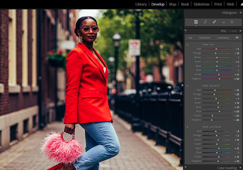 Lightroom HSL panel adjustments for vivid reds and blues