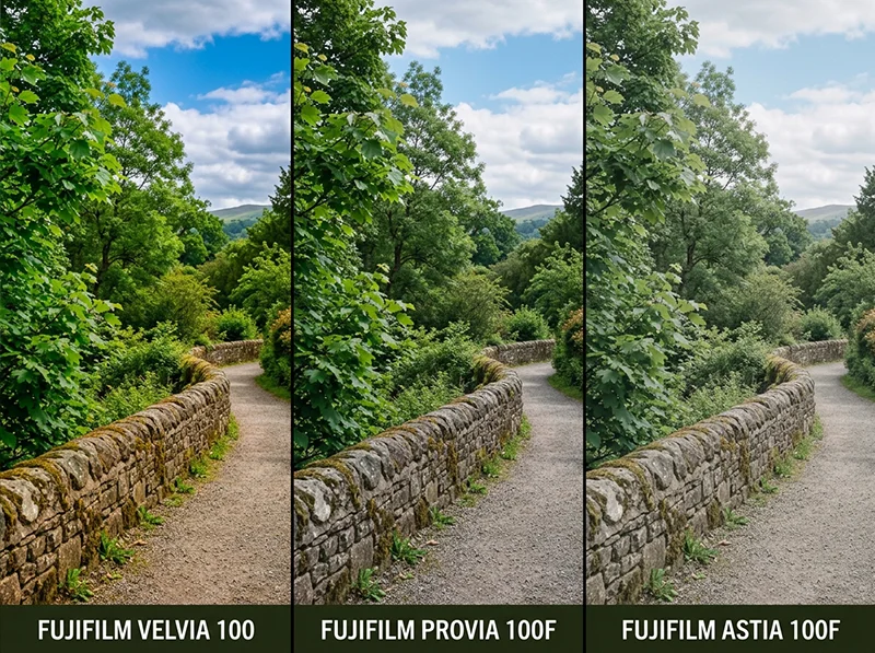 Velvia 100, Provia 100F, and Astia 100F green color comparison in Lightroom
