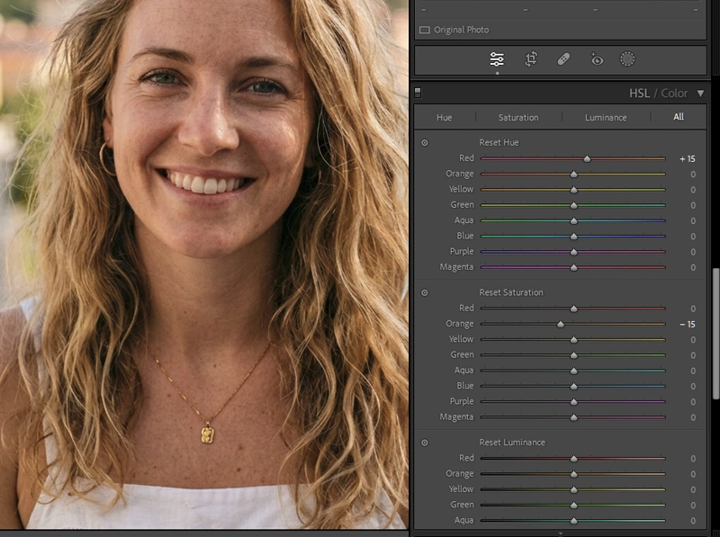 Lightroom HSL panel showing Red Hue shifted toward orange and Orange Saturation reduced for Kodak Ektachrome E100 portrait skin tone correction