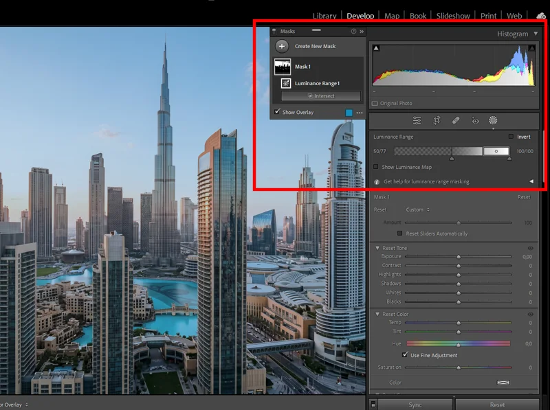 Lightroom Masking panel showing Luminance Range mask applied to Blue Luminance adjustment for Ektachrome E100 look
