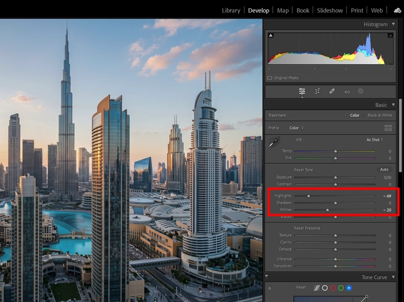 Lightroom Develop module showing highlight protection settings for Kodak Ektachrome E100 look with Highlights and Whites sliders pulled down