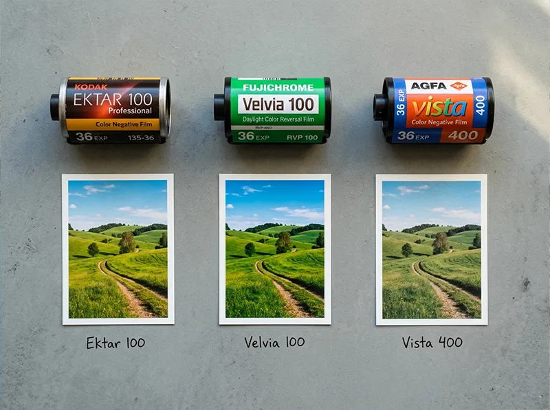Kodak Ektar 100, Fujichrome Velvia 100, and Agfa Vista 400 film rolls with sample prints showing each film's distinct color character