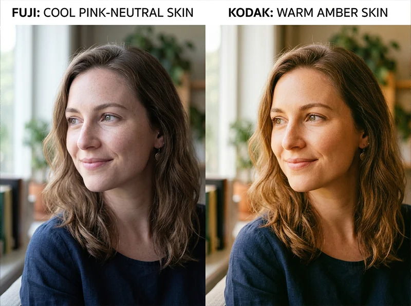Close portrait comparison showing Fuji color science neutral pink skin tones versus Kodak color science warm amber skin tones