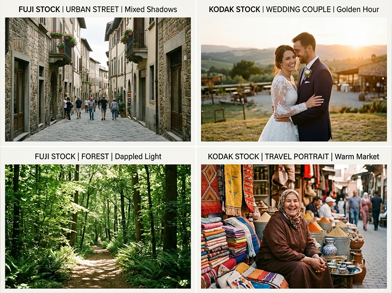 Four photography scenarios comparing Fuji color science for street and landscape versus Kodak color science for wedding and travel portraits