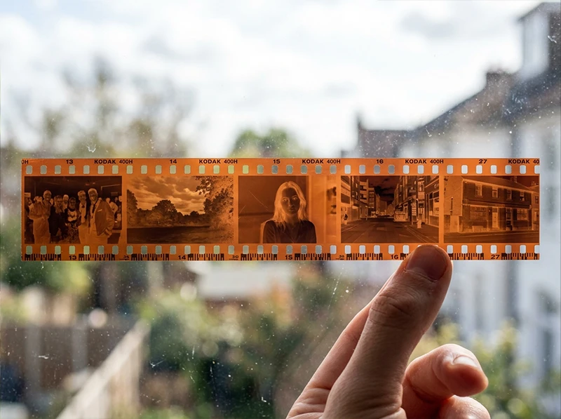 Kodak color negative film strip showing orange mask base, C-41 processed