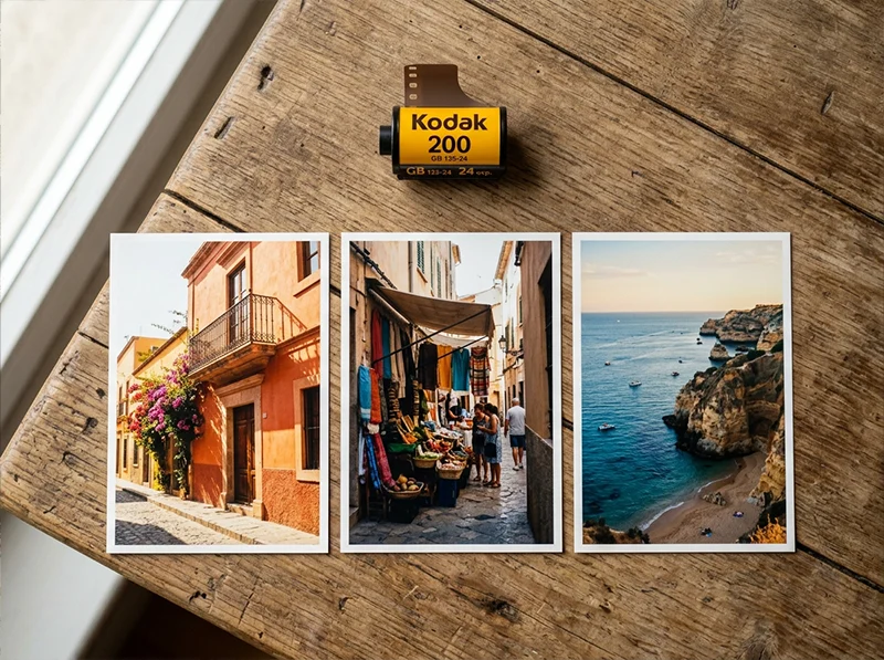 Kodak Gold 200 film roll with three travel photography prints showing different lighting conditions, architecture, market, and coastal