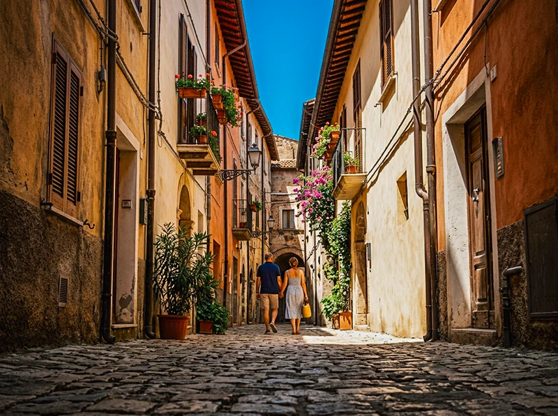 Kodak Gold 200 Lightroom edit of a narrow European cobblestone street with warm plaster walls, deep shadows, and a couple walking in the distance