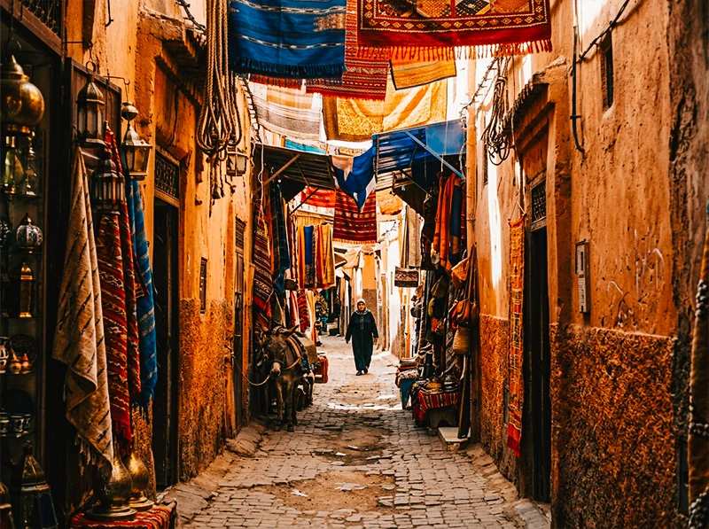 Kodak Gold 200 Lightroom edit of a Moroccan souk alley showing warm terracotta walls and lifted shadows with HSL panel settings visible
