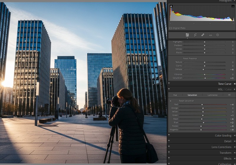 Lightroom HSL adjustments for architecture slide-film look