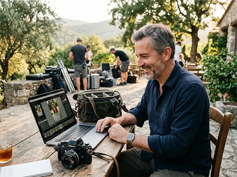Photographer reviewing Fuji and Kodak color science edits in Lightroom on location with a Nikon F3 film camera nearby