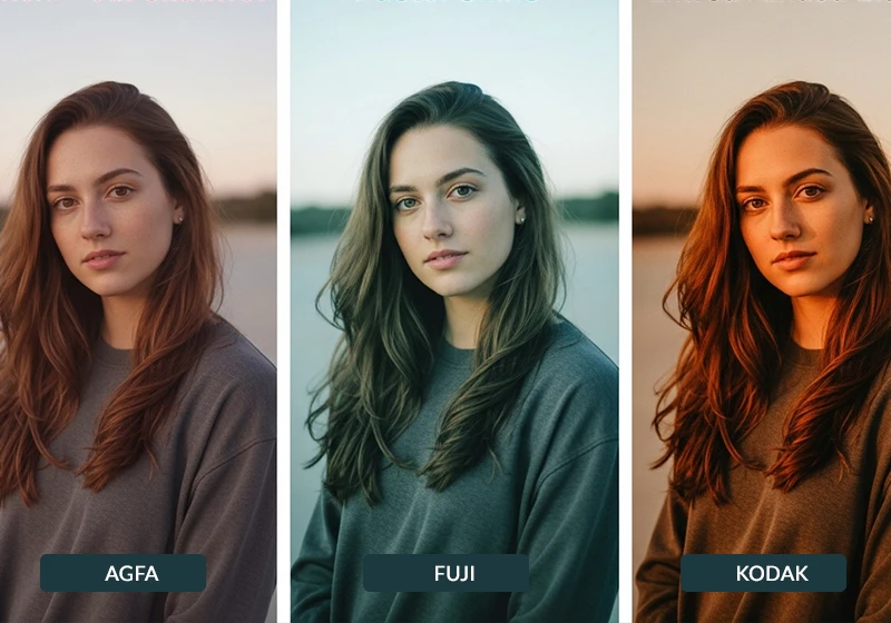 Side-by-side portrait comparison showing Agfa, Fuji, and Kodak Lightroom film preset styles applied to the same photo