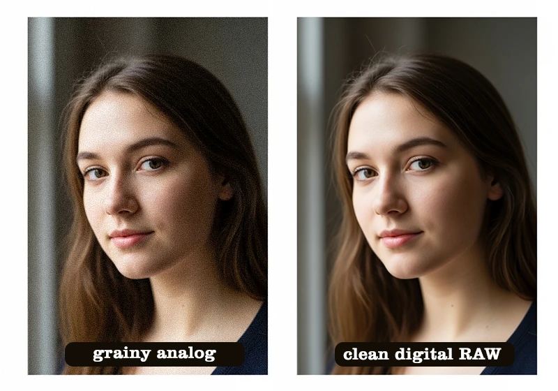 Side by side comparison of analog film photo and digital RAW image