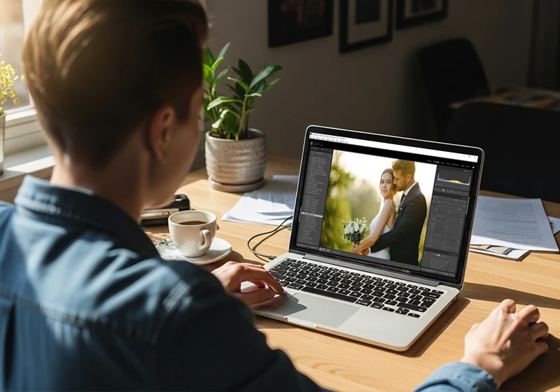 Photographer applying Fuji 400H Lightroom preset to wedding portrait on laptop
