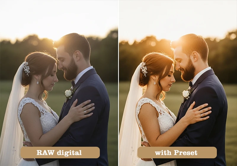 Before and after comparison showing a flat digital RAW and the same portrait with a Kodak Portra Lightroom preset applied.