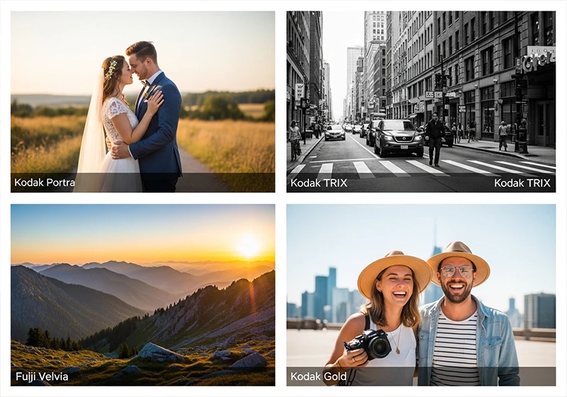Grid of four photos showing different Lightroom film preset styles: wedding, street, landscape, and lifestyle photography