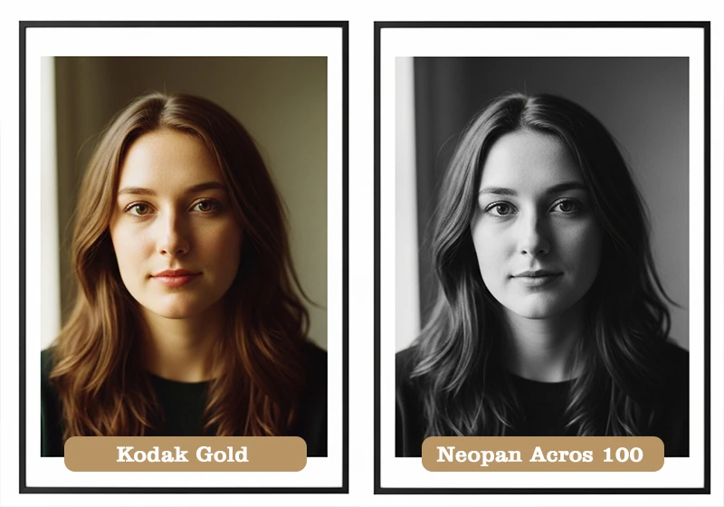 Side-by-side portrait showing a warm Kodak color film preset versus a high-contrast black and white Neopan Acros film preset in Lightroom.