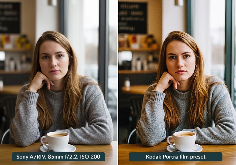Before and after comparison showing digital photo vs Kodak Portra film preset applied in Lightroom