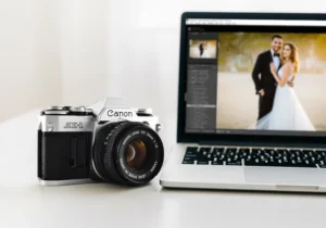 Film camera next to Lightroom editing screen showing film emulation preset