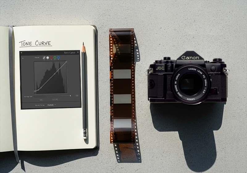 35mm film negative strip and analog camera alongside handwritten tone curve notes representing the technical basis of film presets.