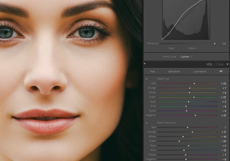 ightroom Develop module with Fuji Pro 400H preset HSL and tone curve settings