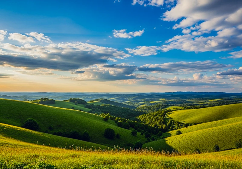 Landscape photo with Fujichrome Velvia 100 Lightroom preset applied showing saturated greens and deep blue sky