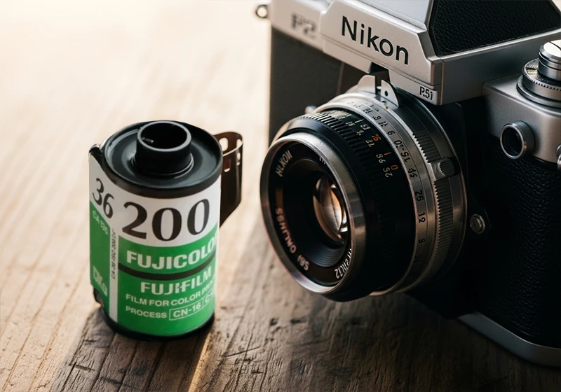 Fujicolor C200 film canister next to a vintage 35mm film camera on wooden surface
