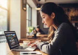 Photographer applying Fujicolor C200 Lightroom preset to travel photos on laptop