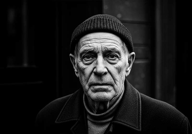 Black and white street portrait edited with Fujifilm Acros film simulation in Lightroom