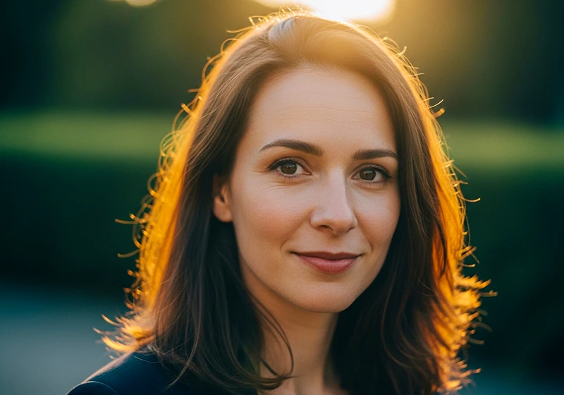 Portrait photo edited with Fujifilm Astia film simulation in Lightroom showing soft skin tone
