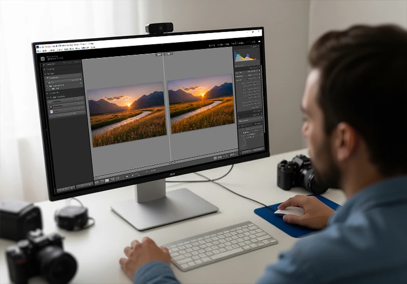 Photographer comparing three Fujifilm film simulation looks in Lightroom for a landsacpe photo