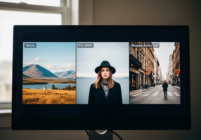 Three photos on monitor showing Fujifilm Lightroom presets applied to landscape, portrait, and street photography