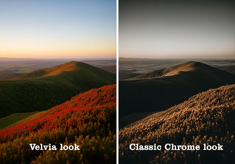 Side by side comparison of Velvia and Classic Chrome Fujifilm film simulations in Lightroom